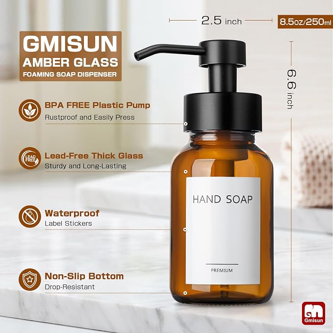 GMISUN Amber Foam Soap Dispenser, 8.5 Fl oz Amber Glass Foaming Hand Soap - Image 8