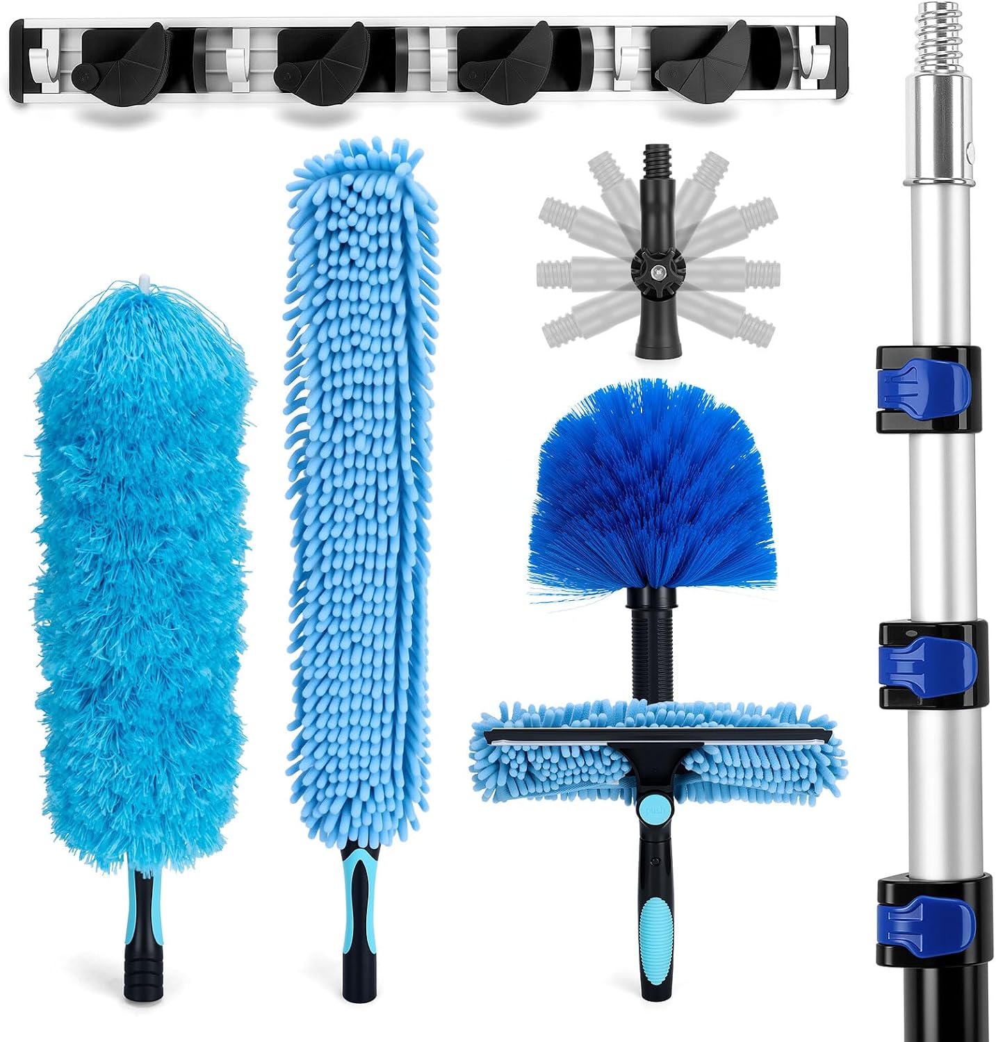 20Ft High Reach Ceiling Fan Cleaner Duster Kit, Reusable Cobweb Duster with 5-12Ft Heavy Duty Extension Pole, Washable Microfiber Duster & Window Squeegee for High Ceiling & Glass Cleaning