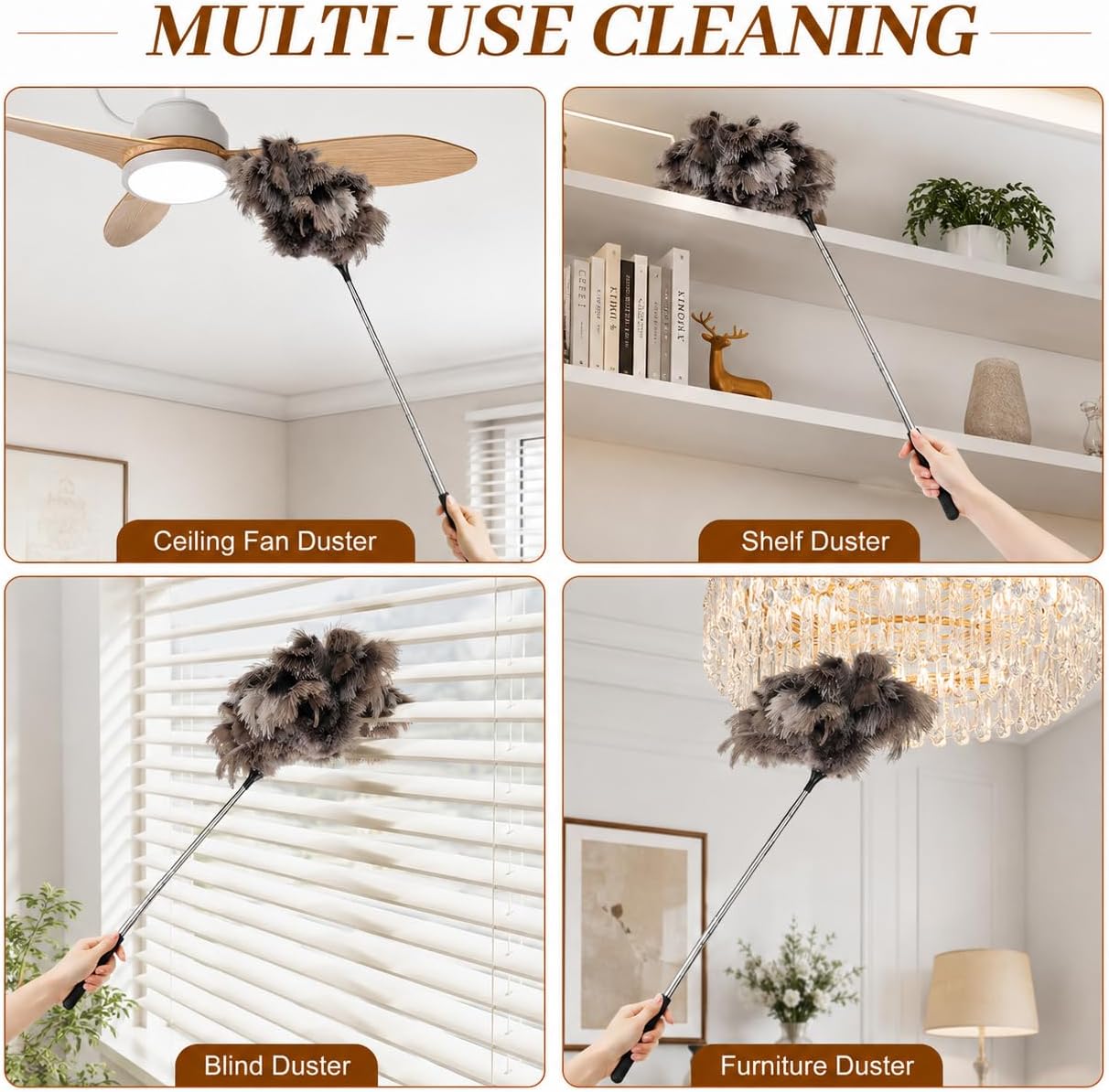 Ostrich Feather Duster for Cleaning, Extendable 17 to 40 Inches Fluffy Duster, Ideal for Ceiling Fans, Lamps, Blinds and Furniture