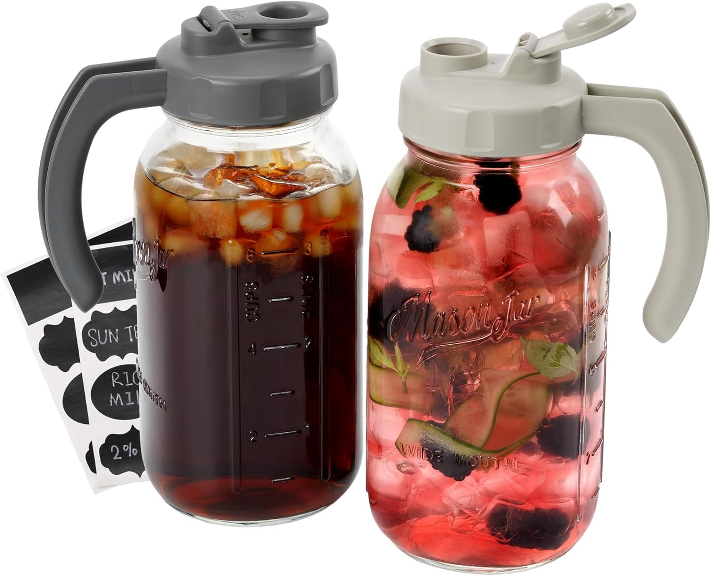 SOLIGT 2 Quart Glass Mason Jar Pitchers with Lids, Dark&Light Gray, 2 Pack | 64oz Wide Mouth Flip Cap Pour Spout Leak-proof Lids with Handle, 1.9 Liter per Jar, for Cold Brew/Juice/Iced Tea/Milk