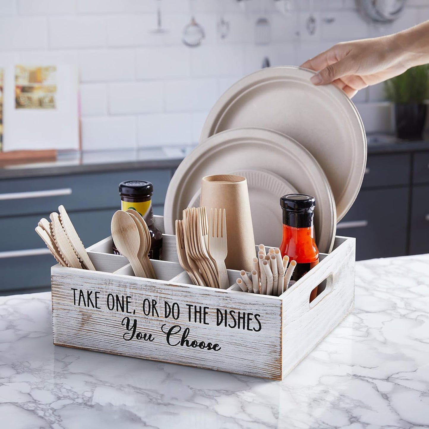 ALELION Rustic White Plate and Utensil Caddy, 6-Compartment Paper Plate and Cutlery Holder with Handles, Kitchen and Party Organizer for BBQs, Picnics, and Gatherings