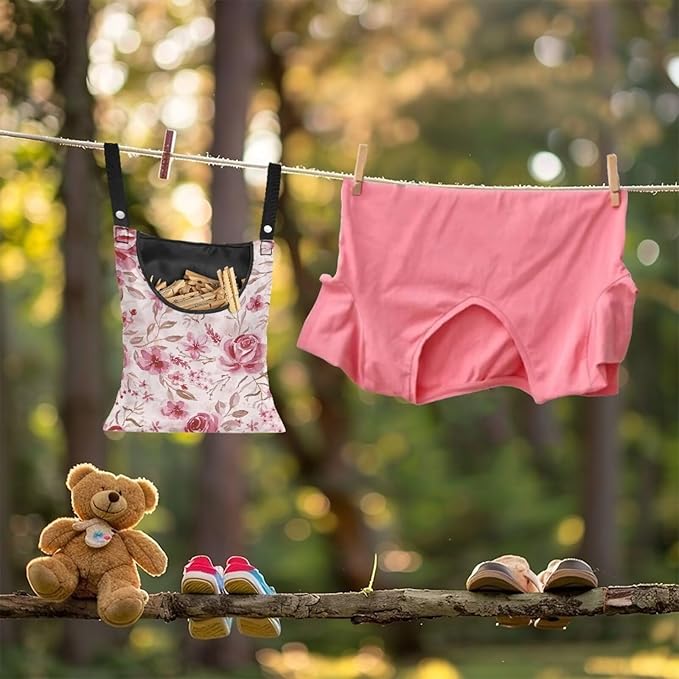 Pink Flowers Clothespin Bag Laundry Hanging Storage Organizer Clothes Pin - Image 4