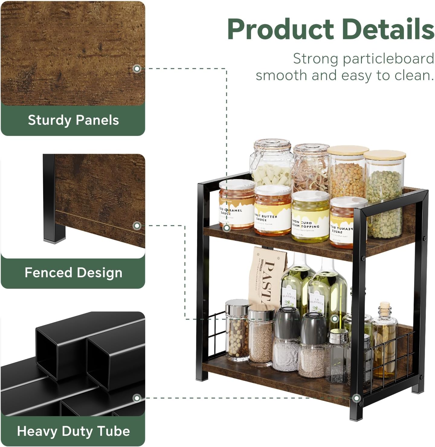 Simple Trending Countertop Shelf Organizer, 2 Tier Kitchen Spice Rack, Coffee Bar Station Storage, for Kitchen Cabinet Bathroom Living Room, Brown, M