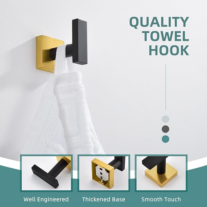 Angle Simple Towel Hook Black & Gold, Stainless Steel Bathroom Towel Holder - Image 7