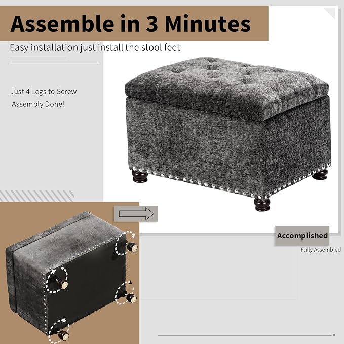 Joveco Storage Ottoman Bench, Rectangle 24" Velvet Foot Rest Stool Square - Image 8