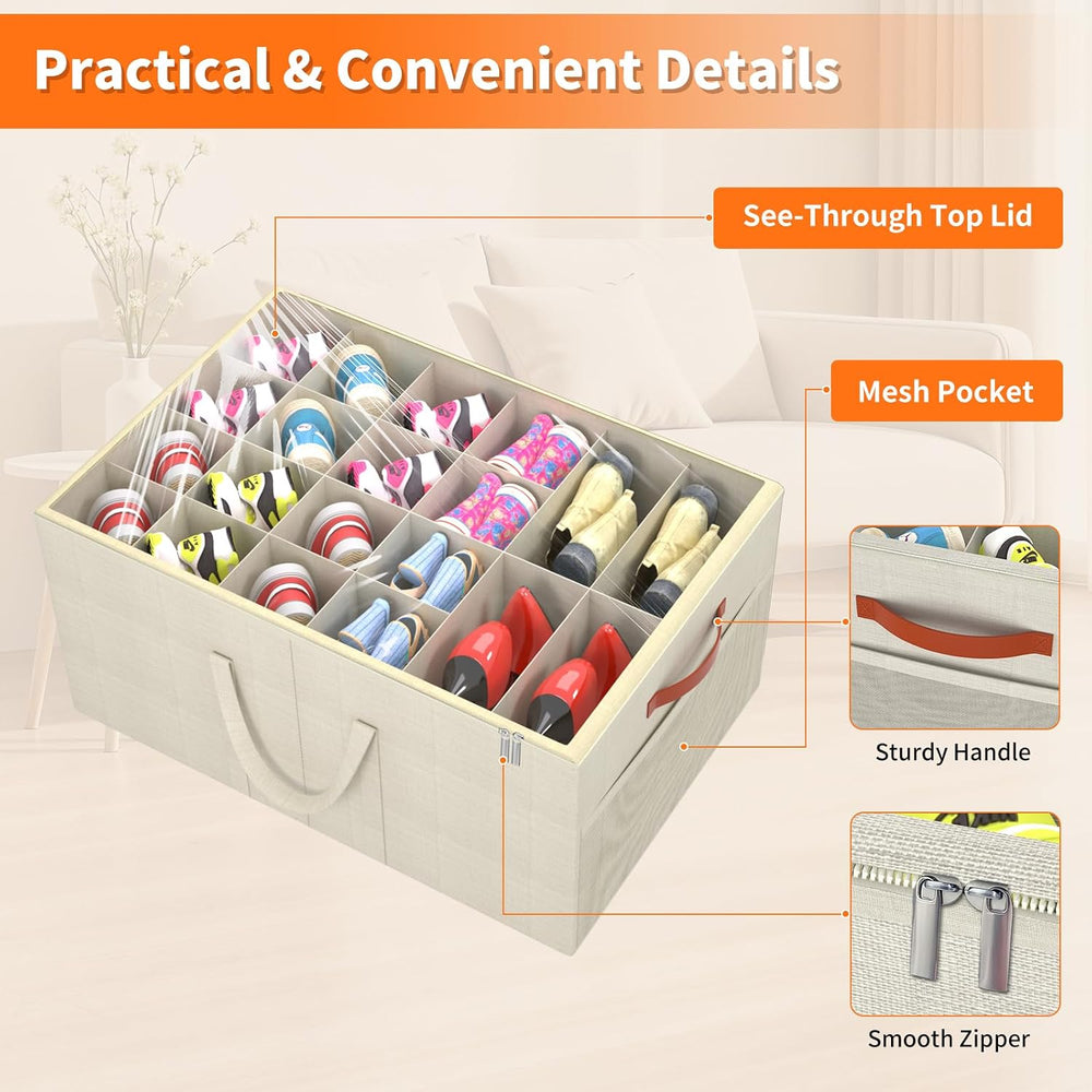 Aokeyee 2 Pack Shoe Organizer for Closet, Large Shoe Storage Box, Beige