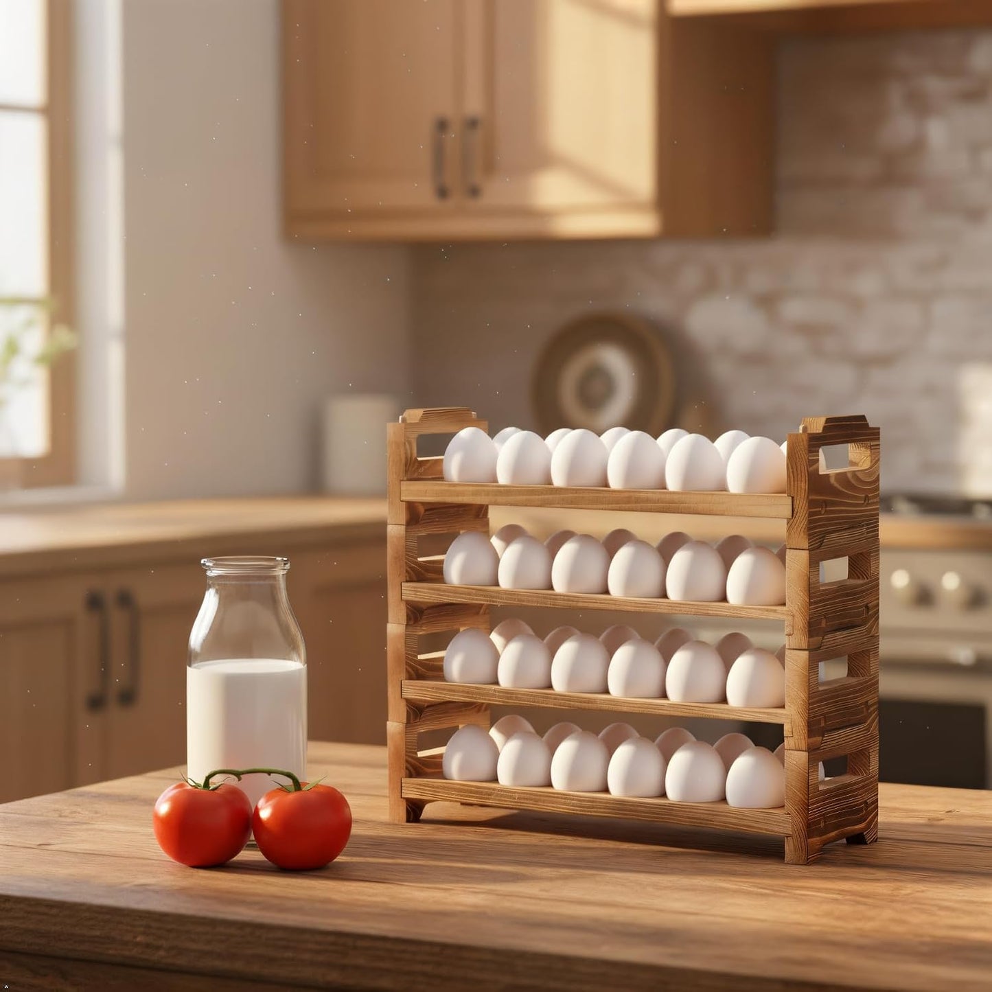 Wooden Egg Holder Countertop, Stackable Egg Organizer, 4-Tier 48 Eggs | Solid natural wood egg holder, farmhouse style. 4-tier stackable saves space. Countertop & fridge use. No chemical coating.