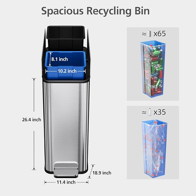 2 x 7.4 Gal Slim Trash Can, Stainless Steel Dual Compartment Step-On Recycling - Image 2