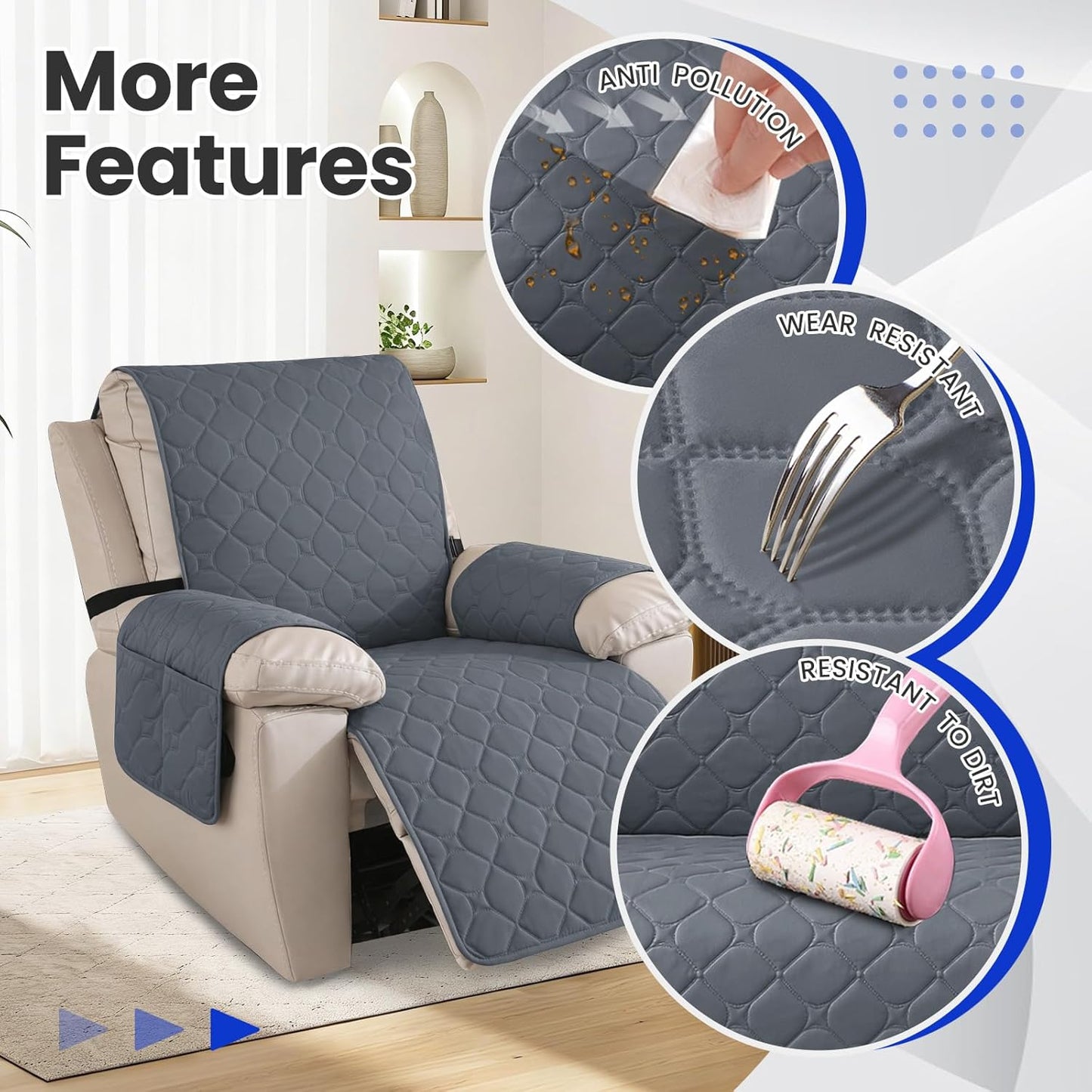100% Waterproof Recliner Chair Covers, Recliner Cover Stay in Place, Chair Covers for Recliners, Recliner Covers Washable with Pocket, Elastic Straps for Pets, Dogs and Kids (Dark Gray, 23")
