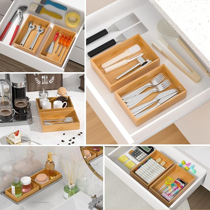Silverware Tray for Drawer, Stackable Kitchen Bamboo Drawer Organizer 9" x 6" x - Image 4