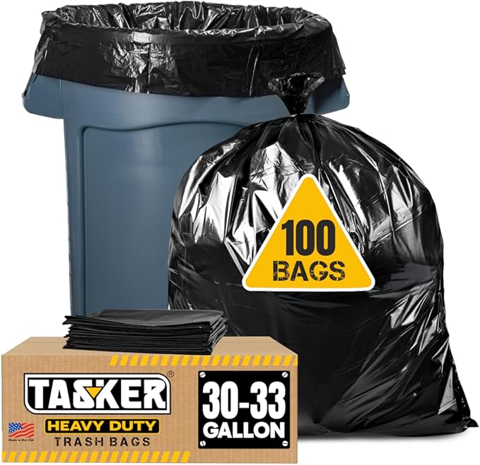 30-33 Gallon Trash Bags Heavy Duty, Large Black Trash Bags 30 Gallon by Tasker