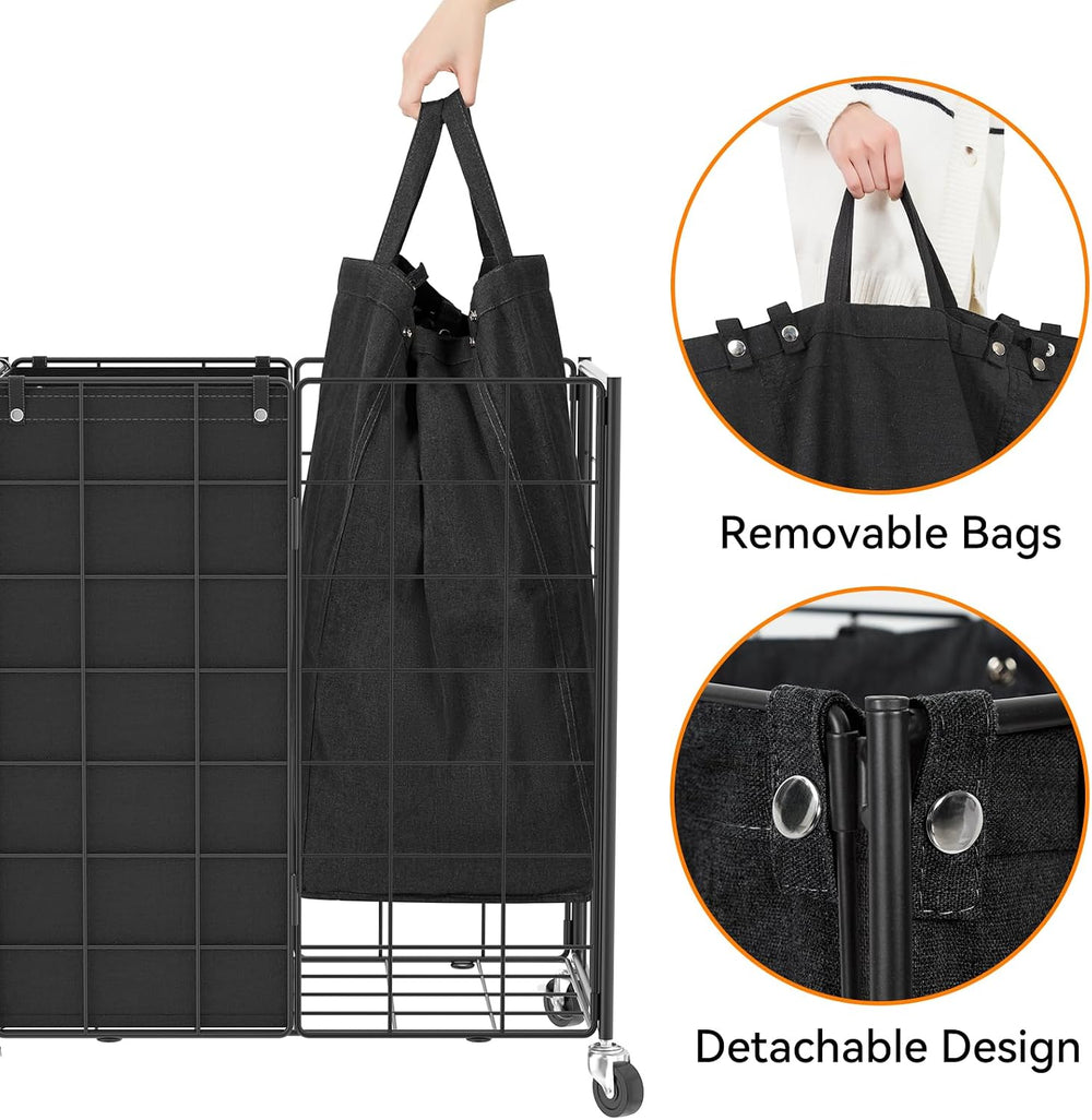 WOWLIVE Double Laundry Hamper with Wheels, Metal Rolling Laundry Basket