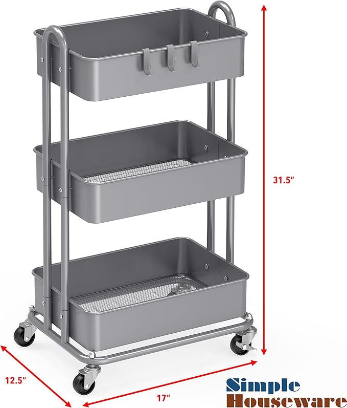 Simple Houseware 3-Tier Heavy Duty Metal Utility Rolling Cart - Image 6