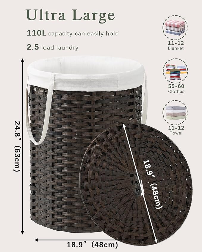 Laundry Basket with Lid Round Rattan Laundry Hamper with Lid and Handles 29.1 - Image 4