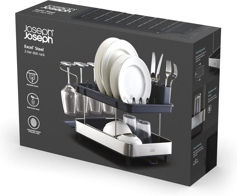 Joseph Joseph Dish Drying Rack with Wine Glass Holder - Space-Saving 2-Tier D...