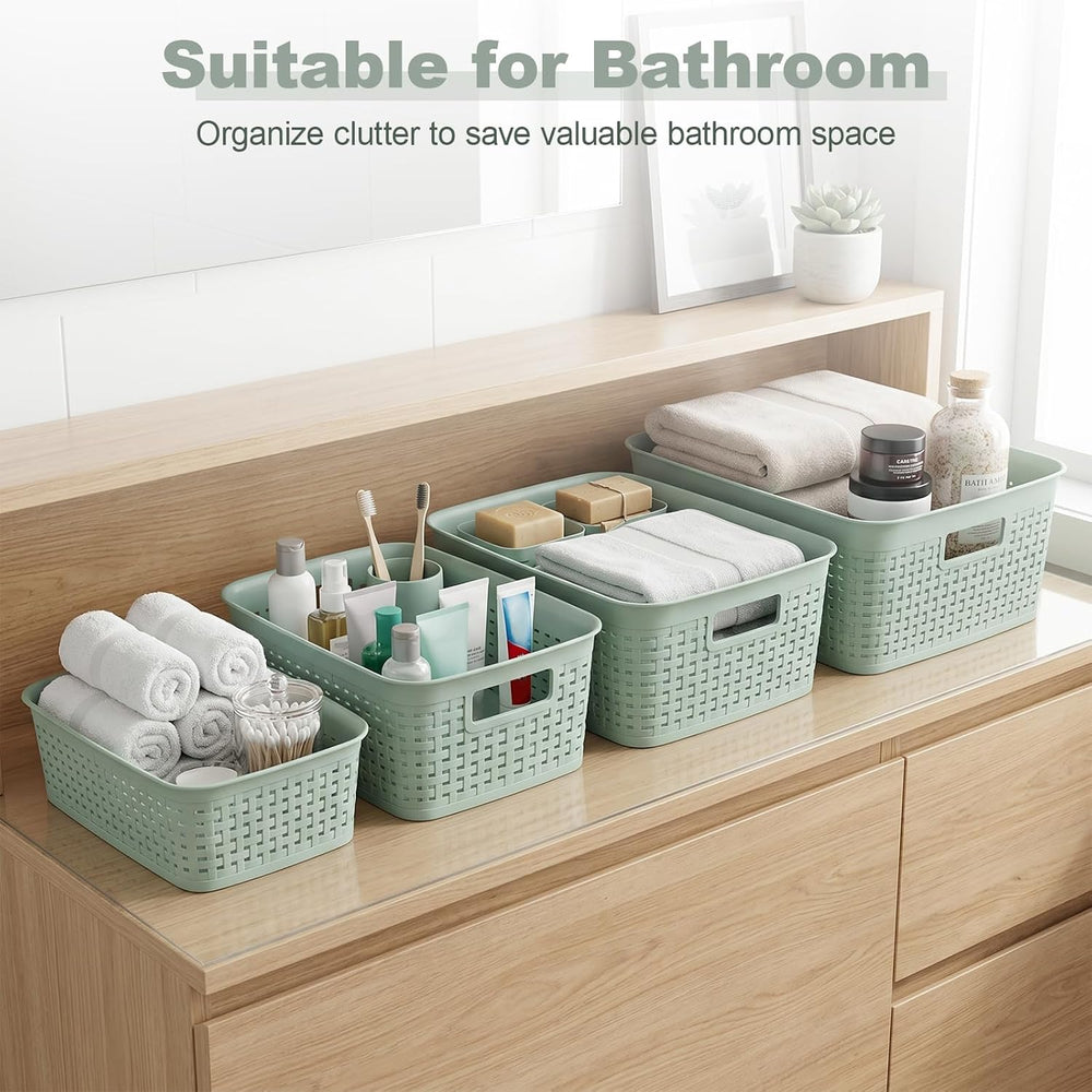 8 Pcs Plastic Storage Basket for Closet, Kitchen, Bathroom (Green，2L+2M+1S+3XS)