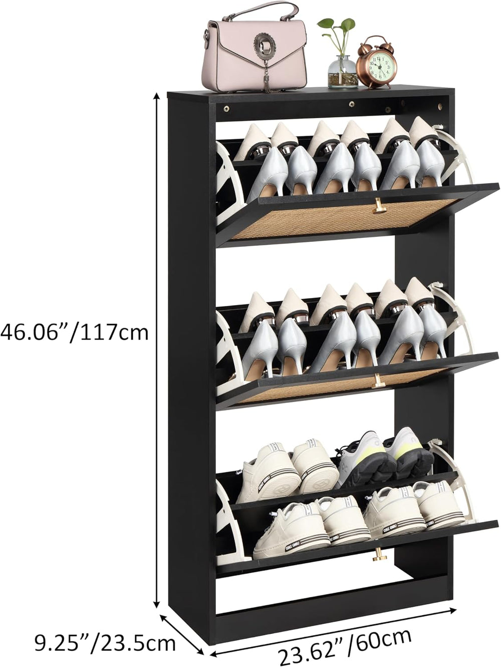 Finnhomy 3 Tier Shoe Cabinet with Natural Rattan Flip Drawers for Entryway, F...