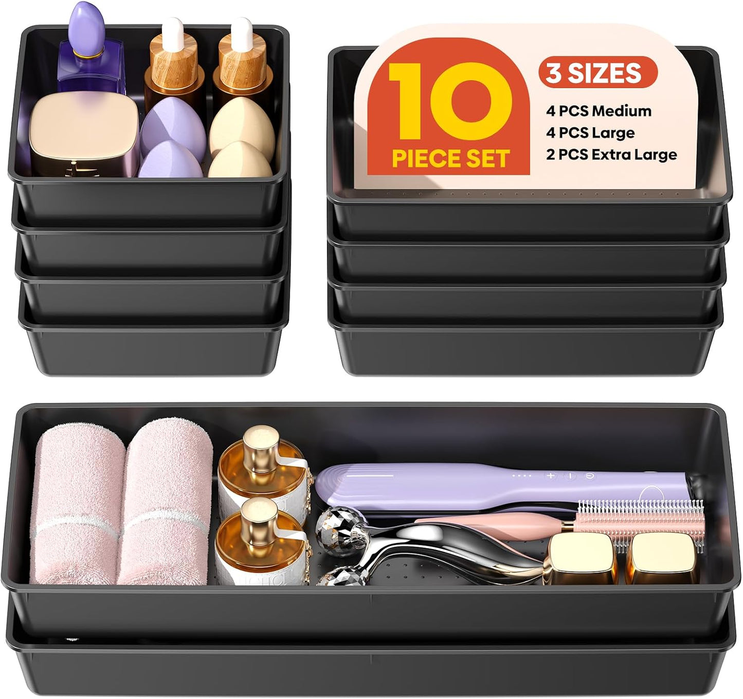 10 Pack Large Size Plastic Drawer Organizers Set, 3 Sizes Desk Drawer Organizer Trays, Storage Bins for Vanity, Makeup, Bathroom, Kitchen Utensils and Office (Black)