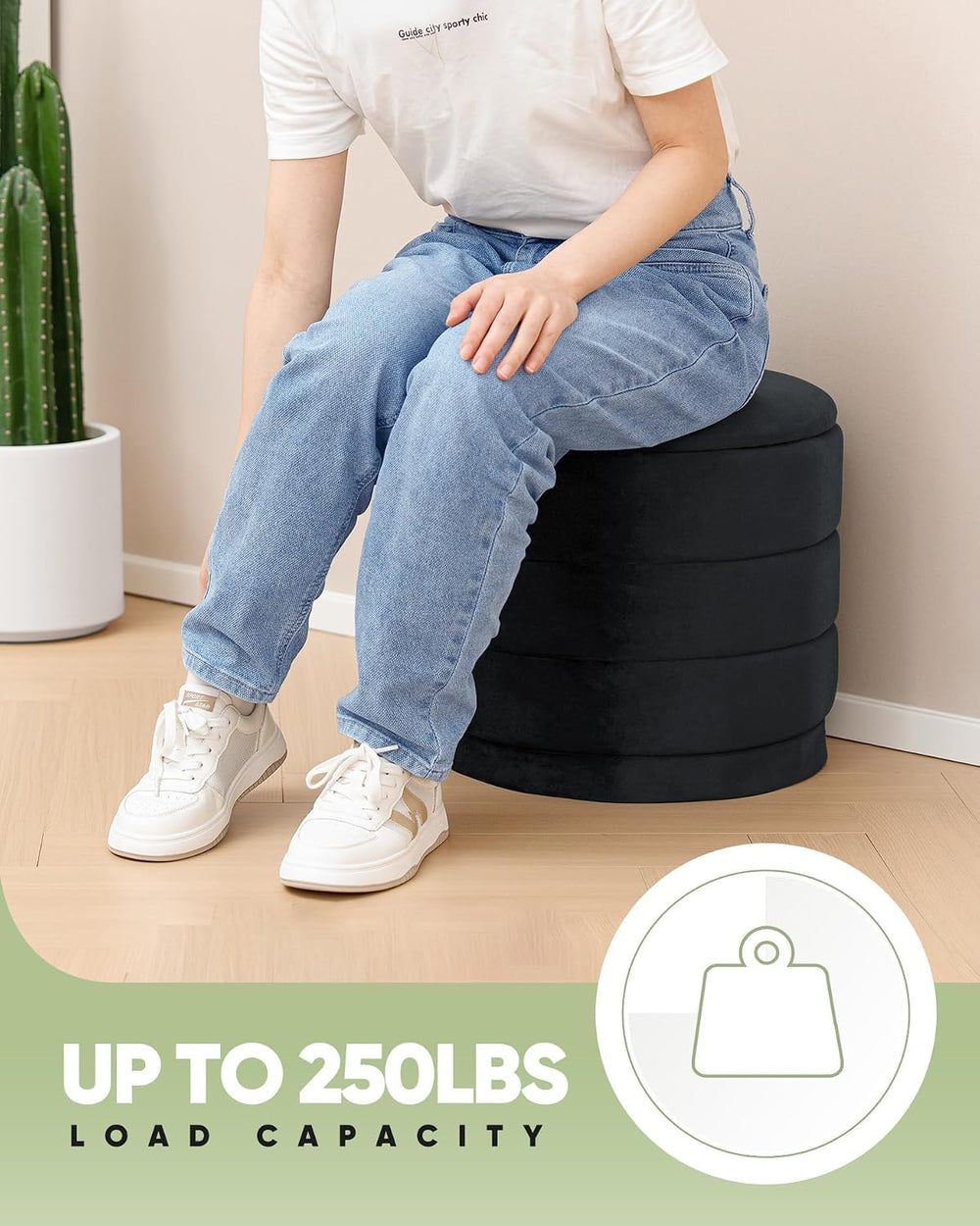 B FSOBEIIALEO 15.4" Round Velvet Storage Ottoman with Tray, Black