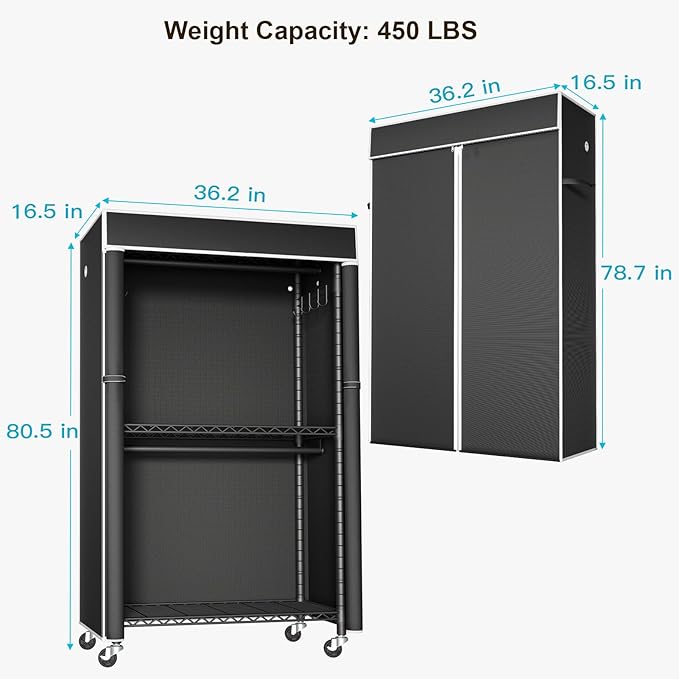FUTASSI Clothing Rack with Cover, P1C Rolling Closets with Wheels, Metal - Image 5