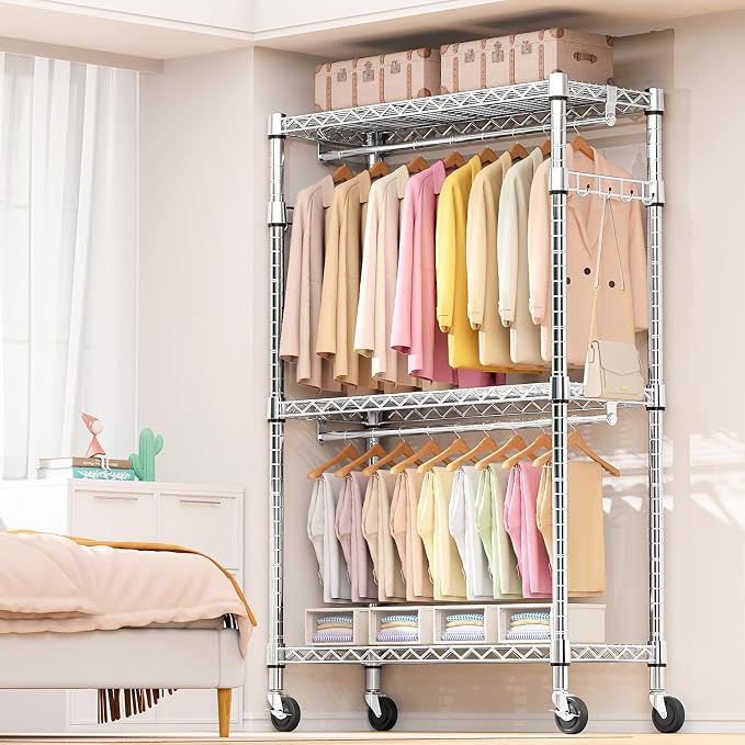 Heavy Duty Rolling Garment Rack 3 Tiers Adjustable Wire Shelving Clothes Rack - Image 5