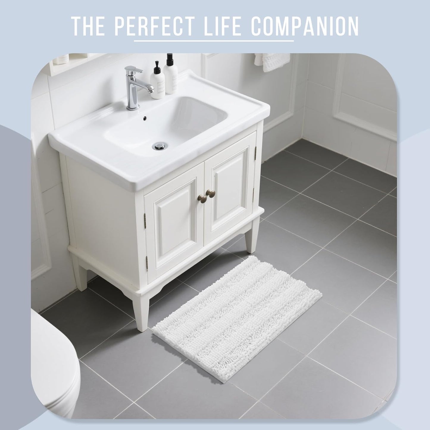 Yimobra Bathroom Rug Mat, Non Slip and Super Absorbent Bath Mat, Machine Washable Quick Dry, Ultra Plush Chenille Shower Rugs for Bathroom Floor Sink Tub and Shower Outside, White, 24 x 17