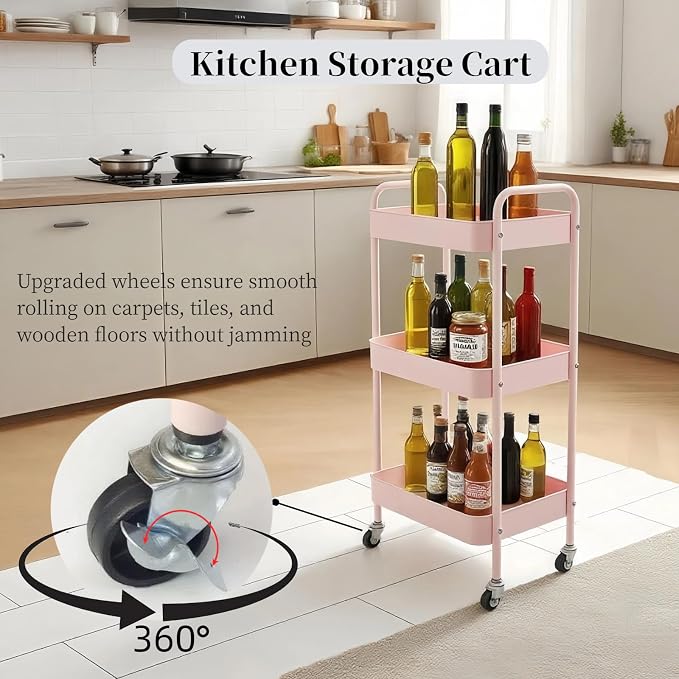 3 Tier Pink Rolling Cart for Nursery & Laundry Room - Image 2