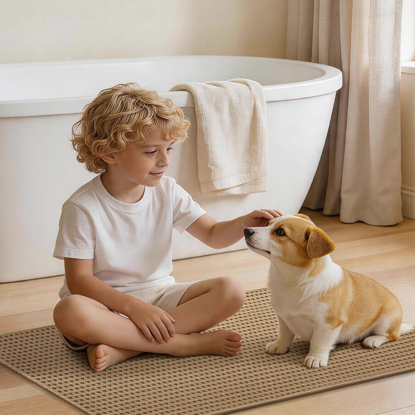 YIHOUSE Waffle Ultra Thin Small Bath Mat, Soft & Absorbent Bathroom Rug, Non-Slip Rubber Backed, Quick Dry Shower Mat, Boho Farmhouse Bathroom Decor, Machine Washable, Khaki, 17 * 24