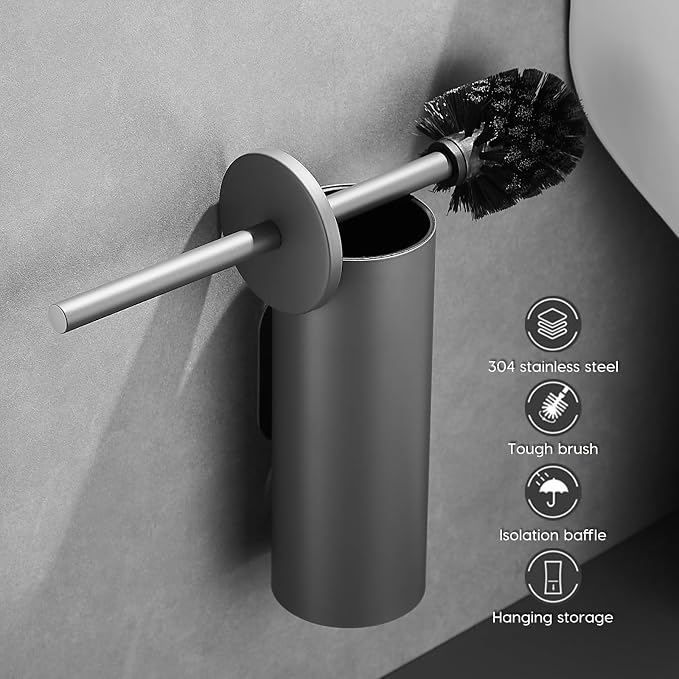 Stainless Steel Toilet Brush and Holder Set, No-Punch Hook Base Dual Purpose - Image 6