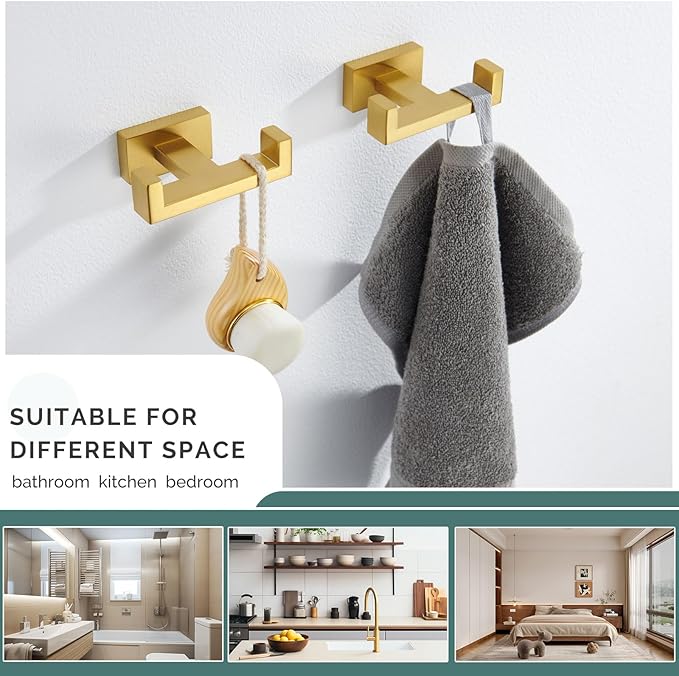 Angle Simple Double Towel Hook Brushed Gold 2 PCS, SUS304 Stainless Steel - Image 3