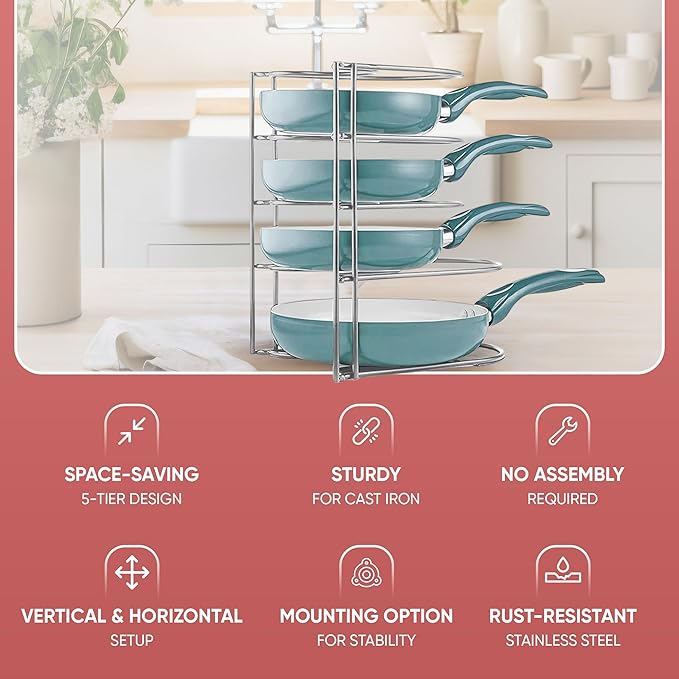 Heavy-Duty Pots and Pans Organizer | 5-Tier Cookware & Lid Storage Rack | - Image 5