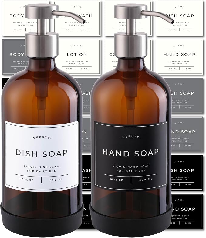 16oz Glass Soap Dispenser with Stainless Steel Pump, 21 Waterproof Labels by Verute