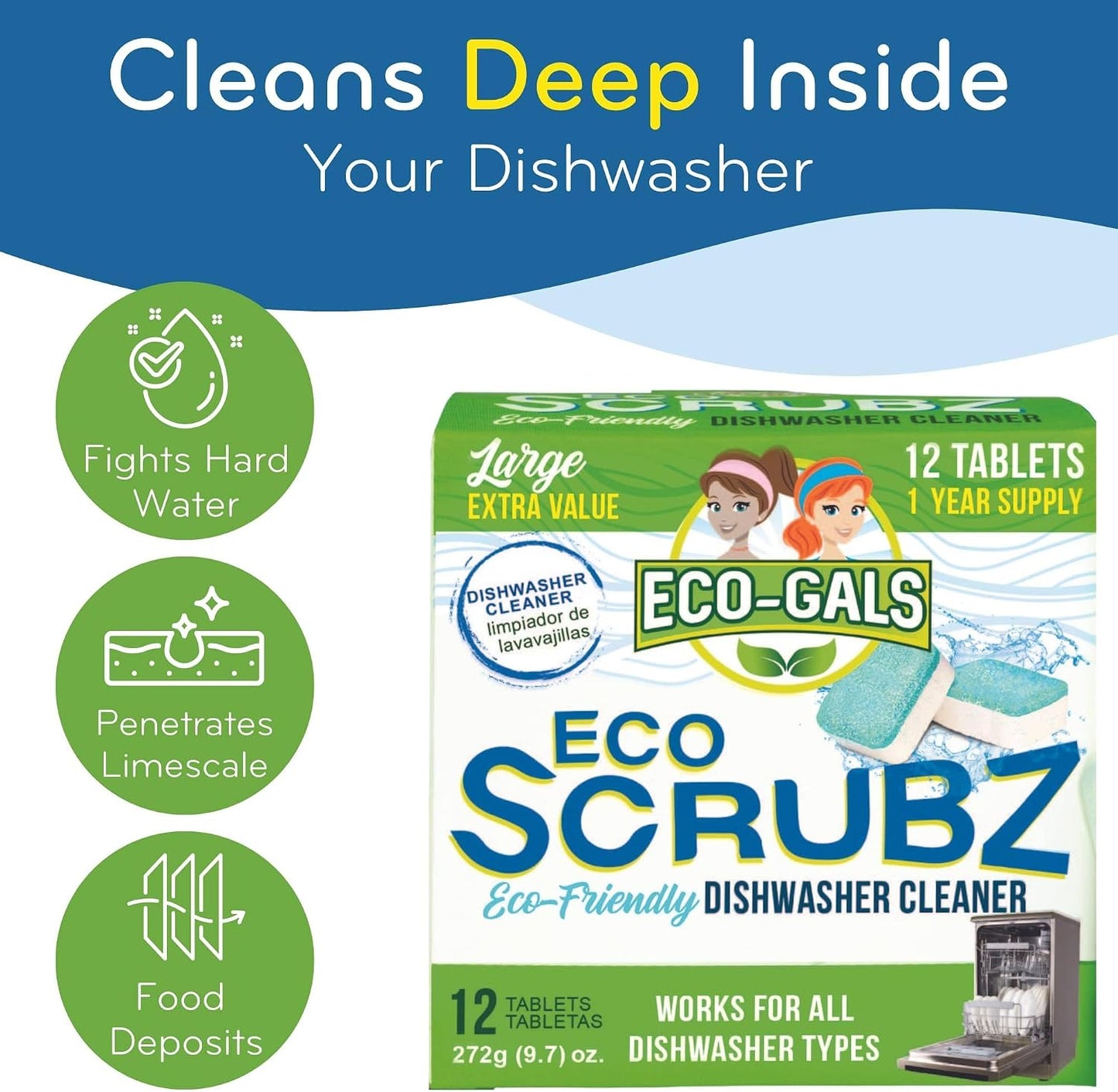 Eco-Gals Dishwasher Cleaner - 12 Tablets - 12 Month Supply - Unscented