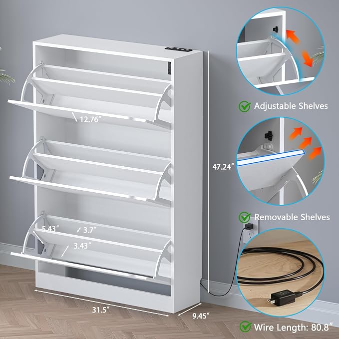 Shoe Cabinet with Odor Control and Back Panels, Deodorizing Slim 3-Flip Shoe - Image 2
