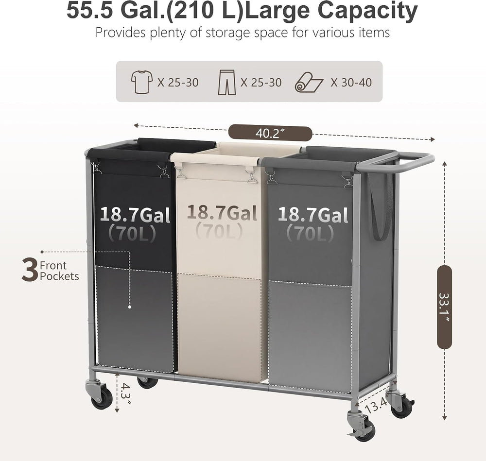 Heybly 3-Section Laundry Sorter Hamper,Rolling Laundry Hamper with Removable ...