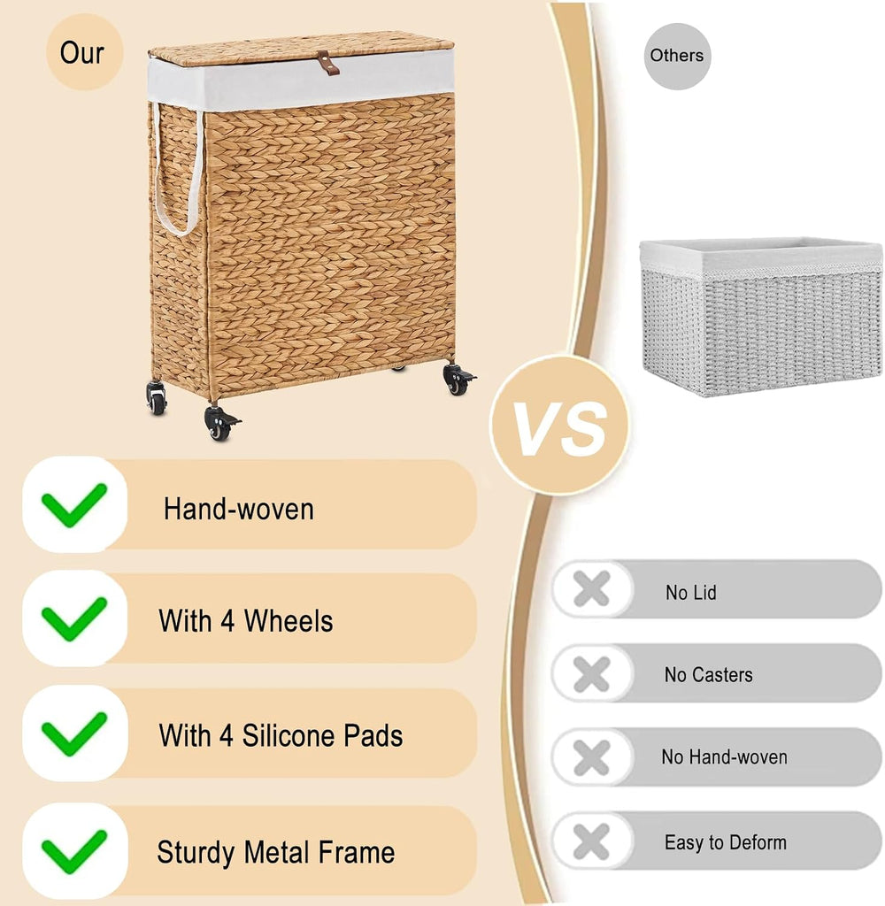 Slim Rolling Laundry Hamper with Lid and Wheels (Natural, 85L)