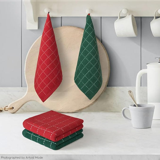 Artoid Mode Checkered Designed Cotton Red Green Terry Kitchen Dish Cloths - Image 2