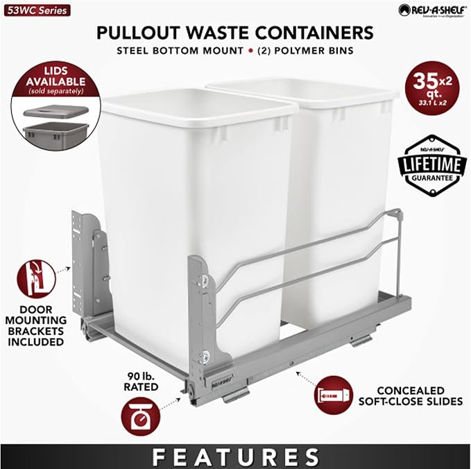 Rev-A-Shelf Double Trash Can Under Kitchen Cabinets Pullout, 35 Quart 8.75 - Image 3