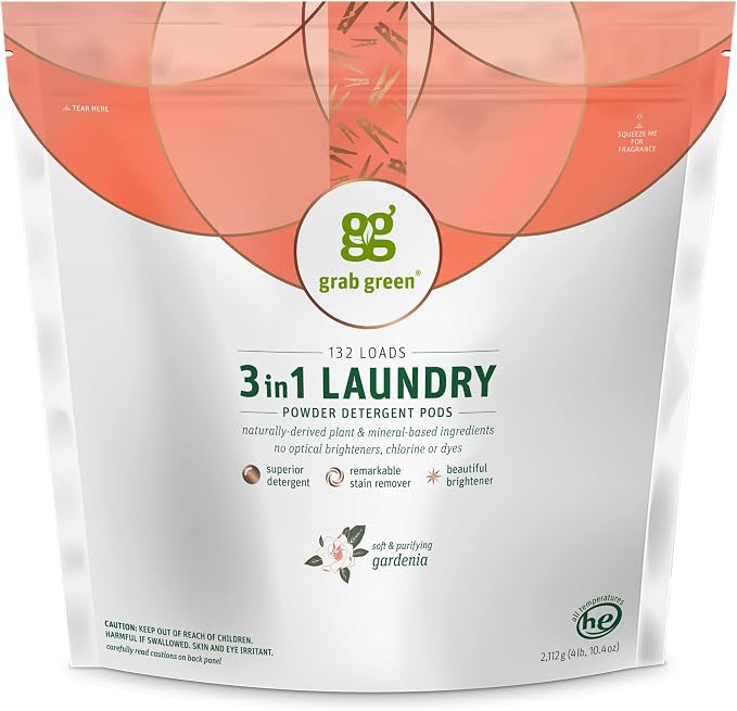 Grab Green 3-in-1 Laundry Detergent Pods, Gardenia Scent, Plant and Mineral by GrabGreen