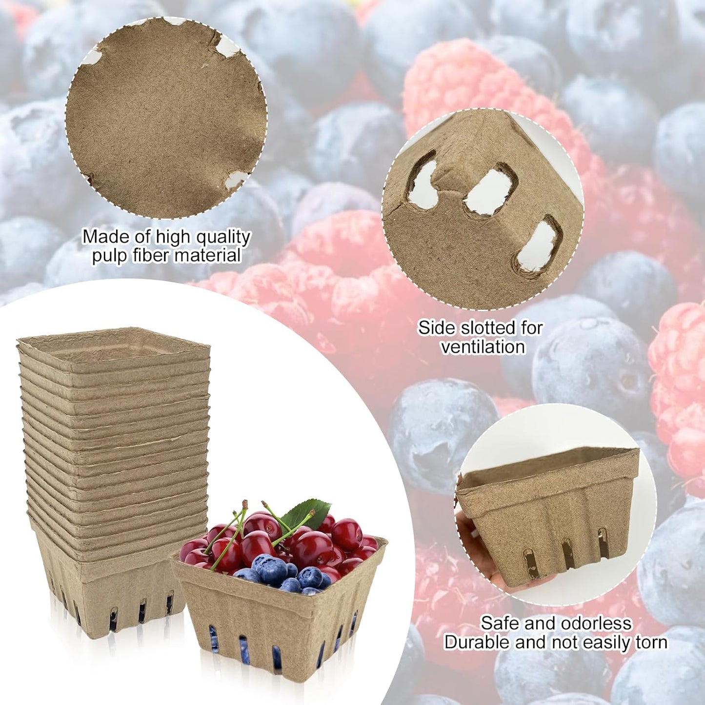 Rainmae 50 Pack Natural Pulp Fiber Berry Basket, Molded Berry Basket Produce Vented Container for Strawberry Blueberry Raspberry and Vegetable, Farmer Market, Grocery Stores, Backyard Party