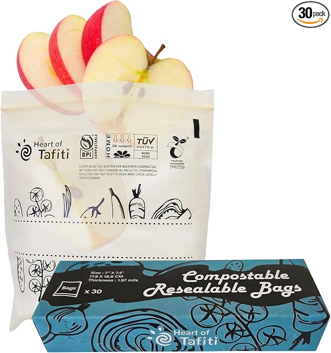 Compostable Food Storage Bags, Resealable Quart Bags, 7 x 7.4 inches, Extra by HeartofTafiti