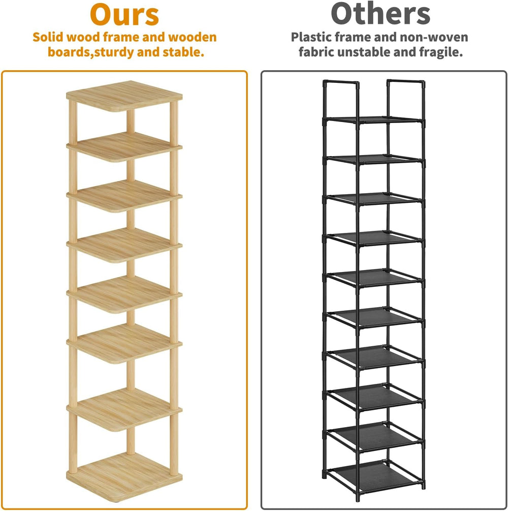 8 Tiers Vertical Shoe Rack Tall Narrow Shoe Tower Corner Shoe Rack, Natural