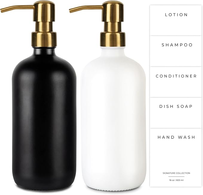 Emerson Essentials Glass Soap Bottle Dispensers, 2 Pack, Stainless-Steel Pumps by Emerson+Essentials