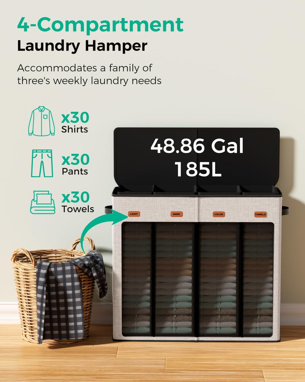 185L Laundry Hamper 4 Section with Lid & Removable Bags