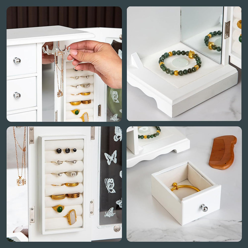 DYRABREST 4 TierJewelry Box White Wooden Jewelry Organizer Girls Women Jewelr...