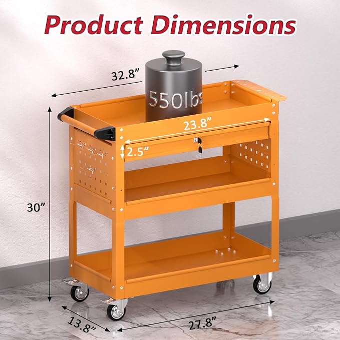 3 Tier Rolling Tool Cart on Wheels, Heavy Duty Service Cart Industrial Utility - Image 5
