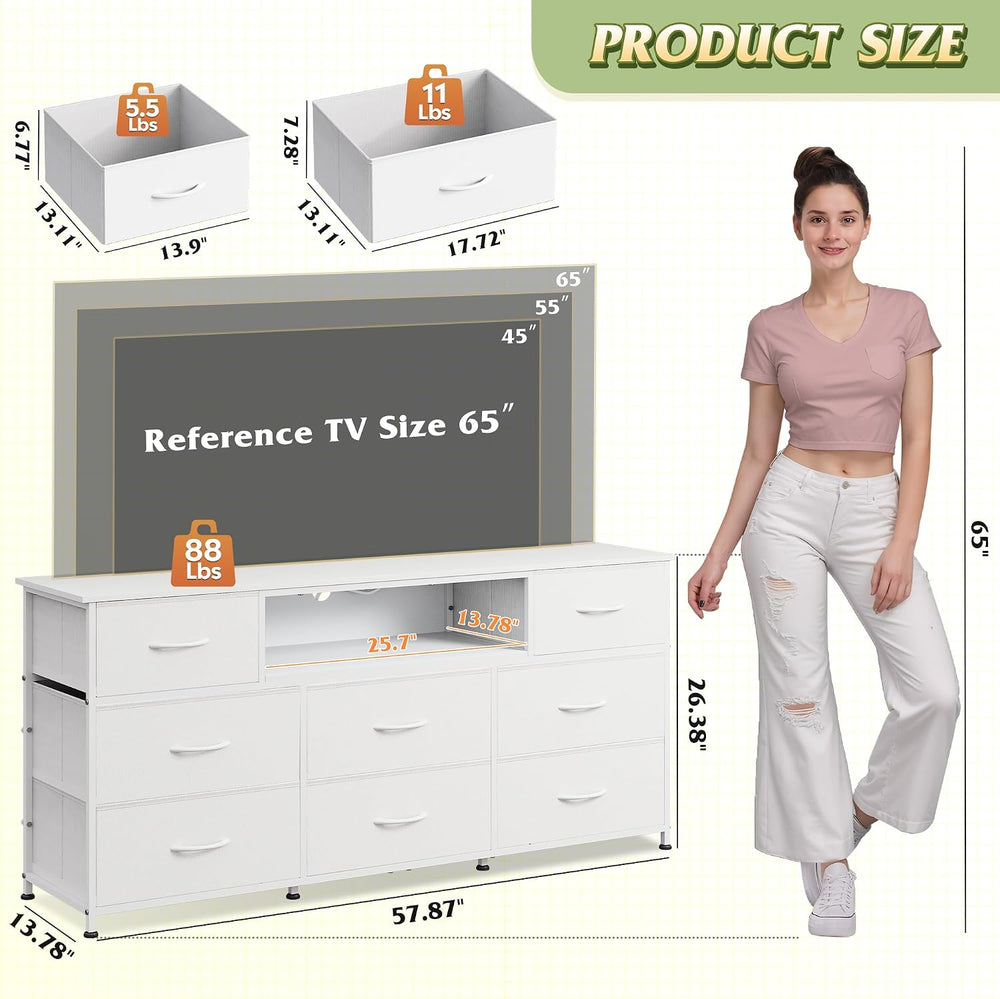 WLIVE LED Dresser TV Stand for 65 Inch TV, 8 Drawers, White