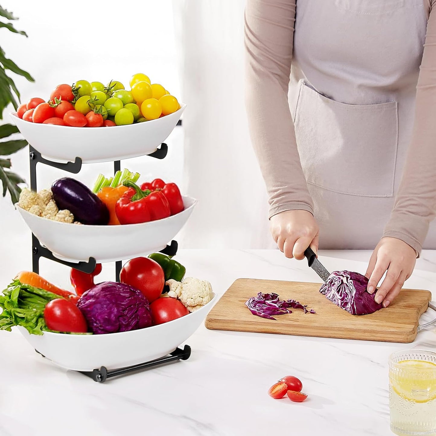 Lifewit 3 Tier Fruit Bowl for Kitchen Counter, Tiered Plastic Serving Tray | Fruit Holder with Black Metal Stand for Countertop, Tiered Serving Platters for Vegetables, Cakes, Parties & Buffets Display