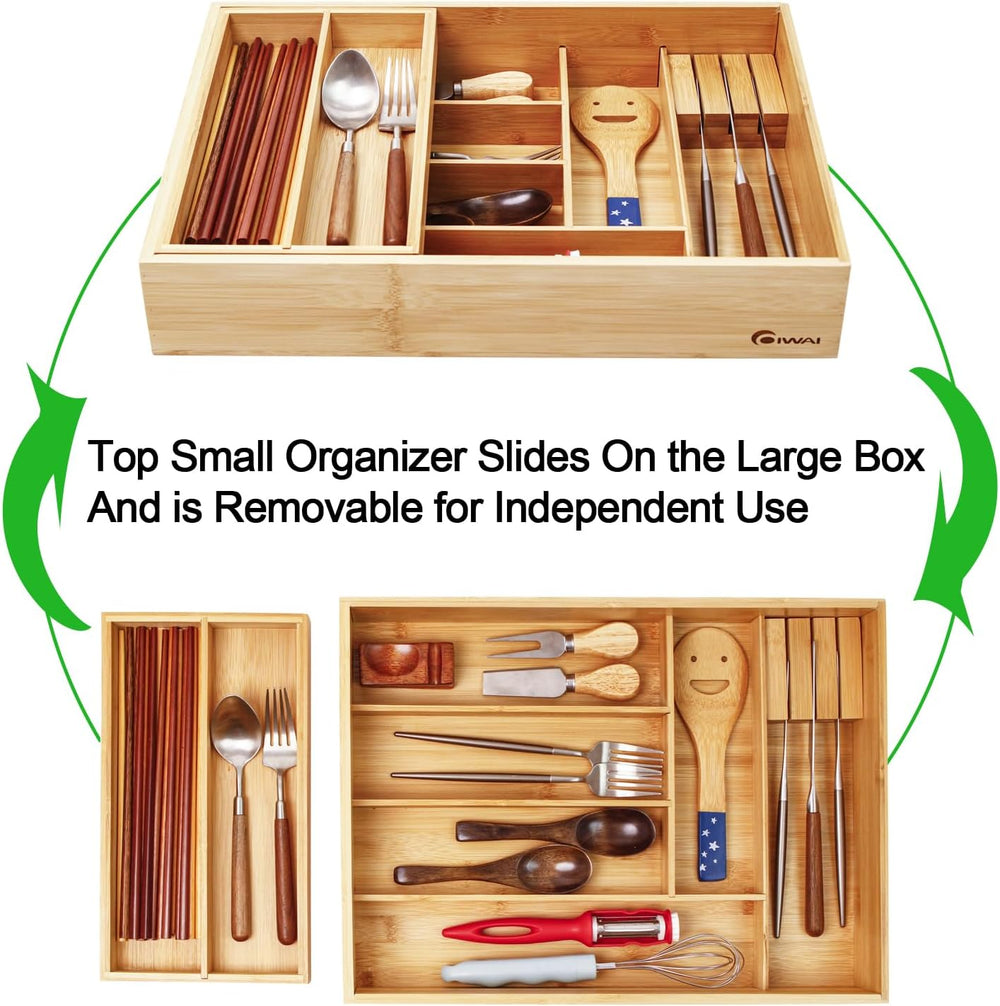 COIWAI Double Layer Bamboo Drawer Organizer Cutlery Utensil Silverware Drawer...