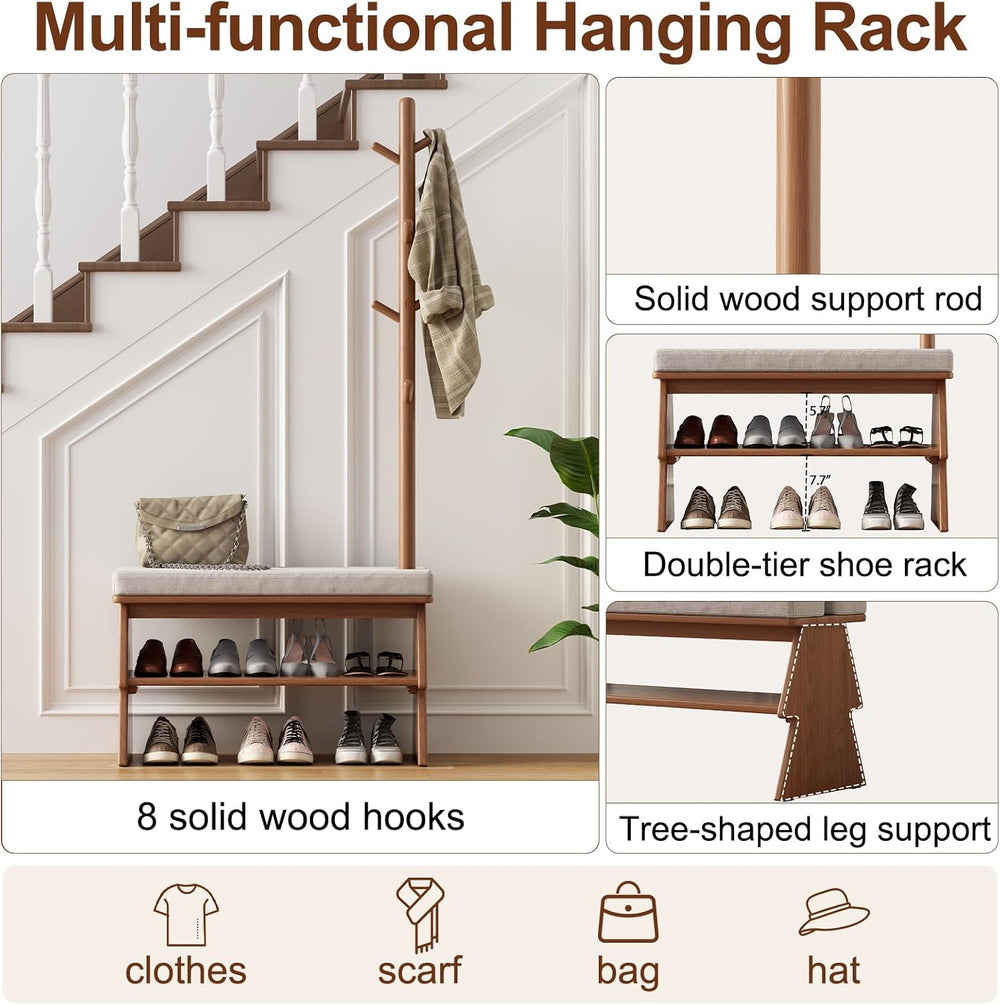 Coat Rack with Shoe Storage, Shoe Rack with 8 Hook, Walnut